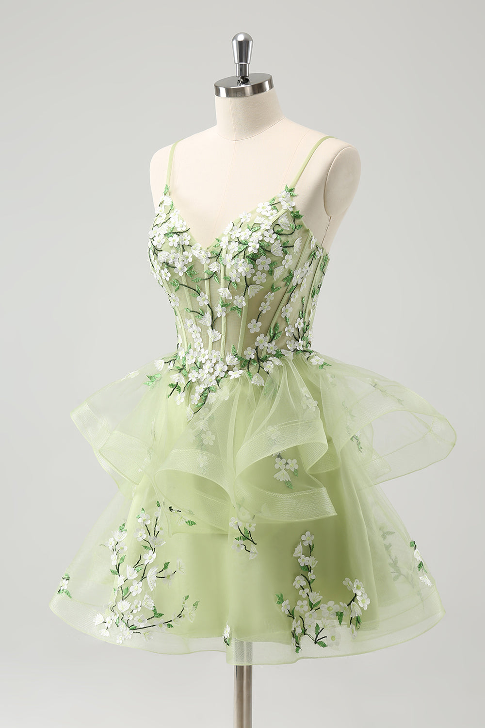 Cute Light Green A-Line Applique Tulle Homecoming Dress with Ruffles