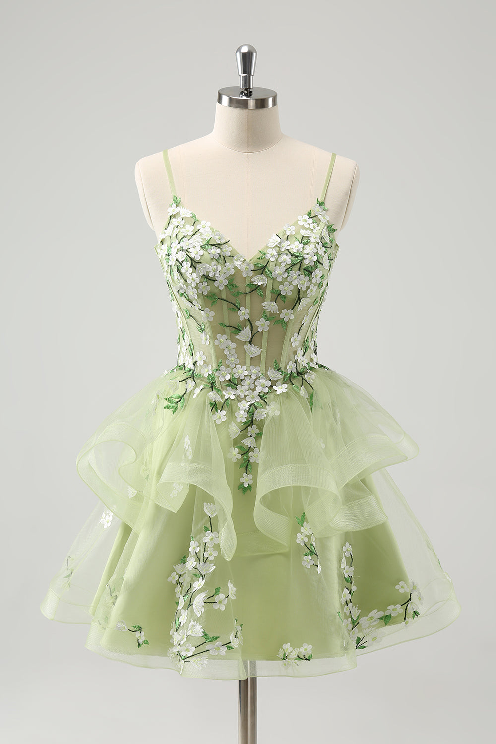 Leely Women Cute Light Green A-Line Applique Tulle Homecoming Dress with Ruffles Party Dress with Lace up Back