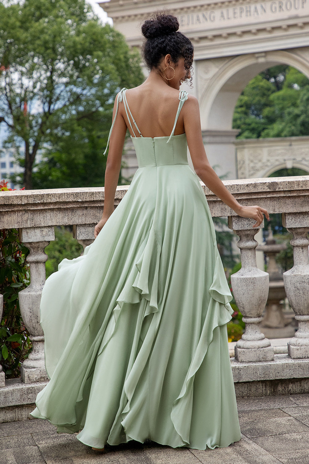 Matcha Corset A-Line Chiffon Bridesmaid Dress with Lace Up