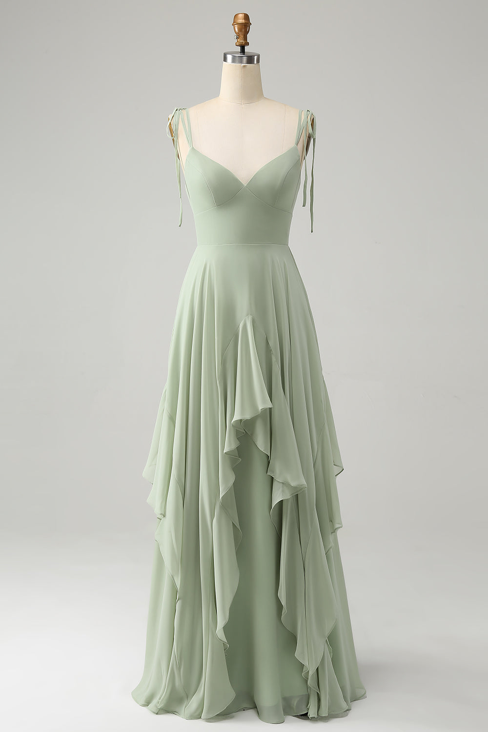 Leely Women Matcha Chiffon Bridesmaid Dress with Ruffles A-Line Spaghetti Straps Wedding Party Dress with Bowknot