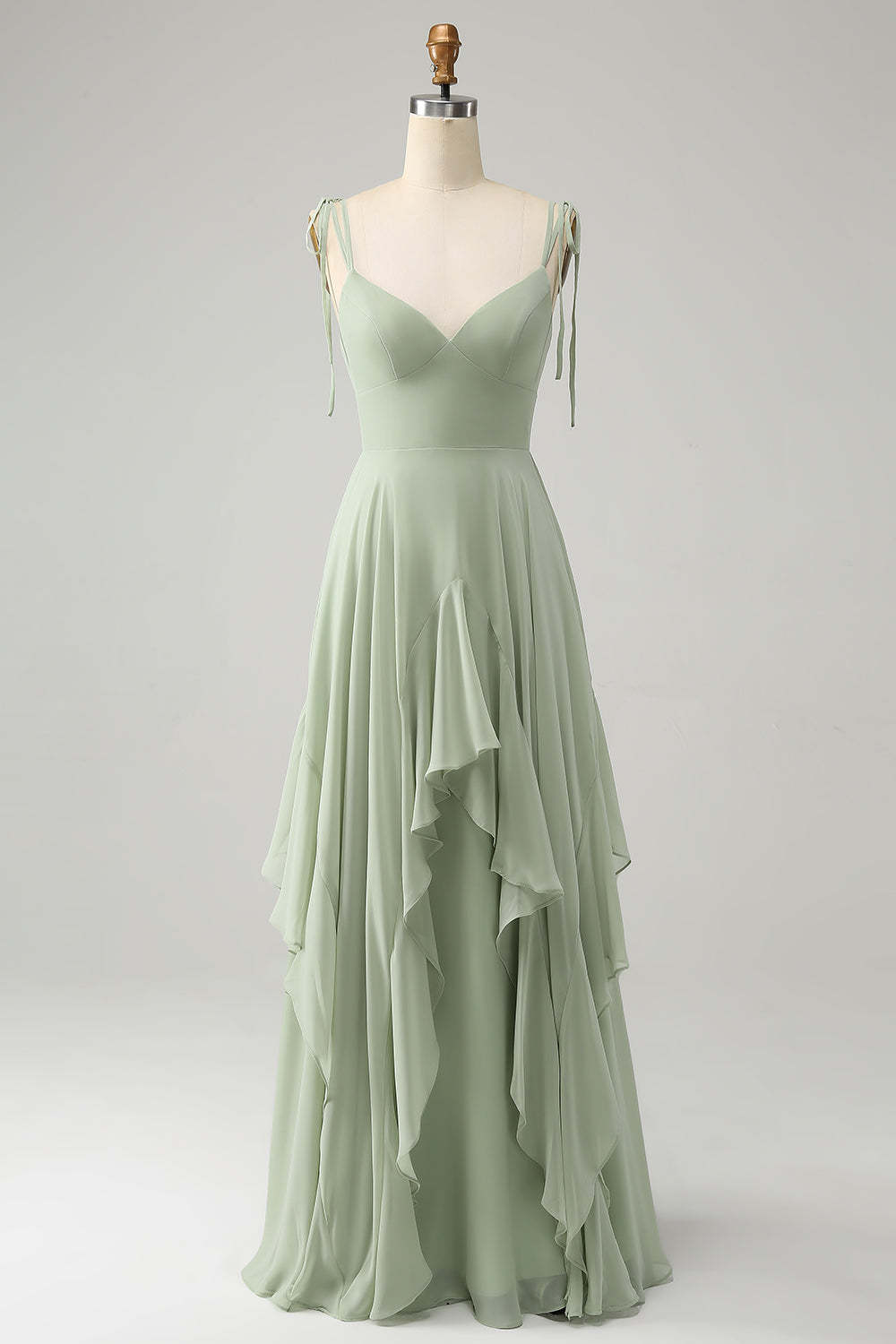 Leely Women Matcha Chiffon Bridesmaid Dress with Ruffles A-Line Spaghetti Straps Wedding Party Dress with Bowknot