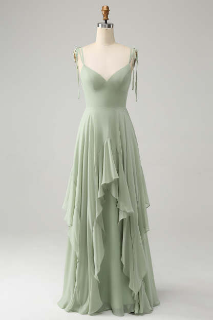 Leely Women Matcha Chiffon Bridesmaid Dress with Ruffles A-Line Spaghetti Straps Wedding Party Dress with Bowknot