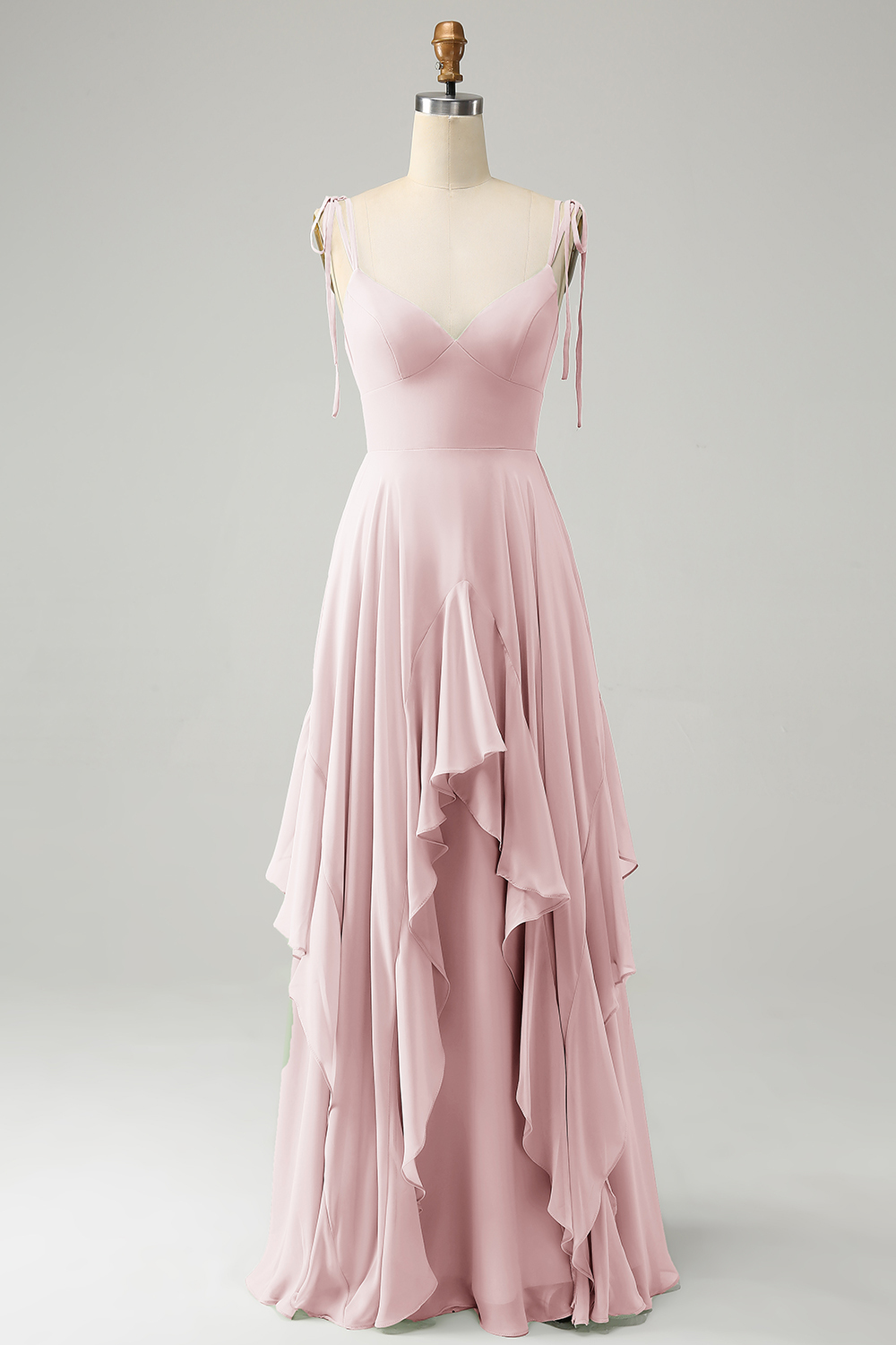 Matcha A-Line Spaghetti Straps Chiffon Bridesmaid Dress with Ruffles