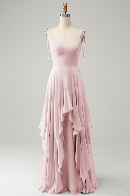Matcha A-Line Spaghetti Straps Chiffon Bridesmaid Dress with Ruffles