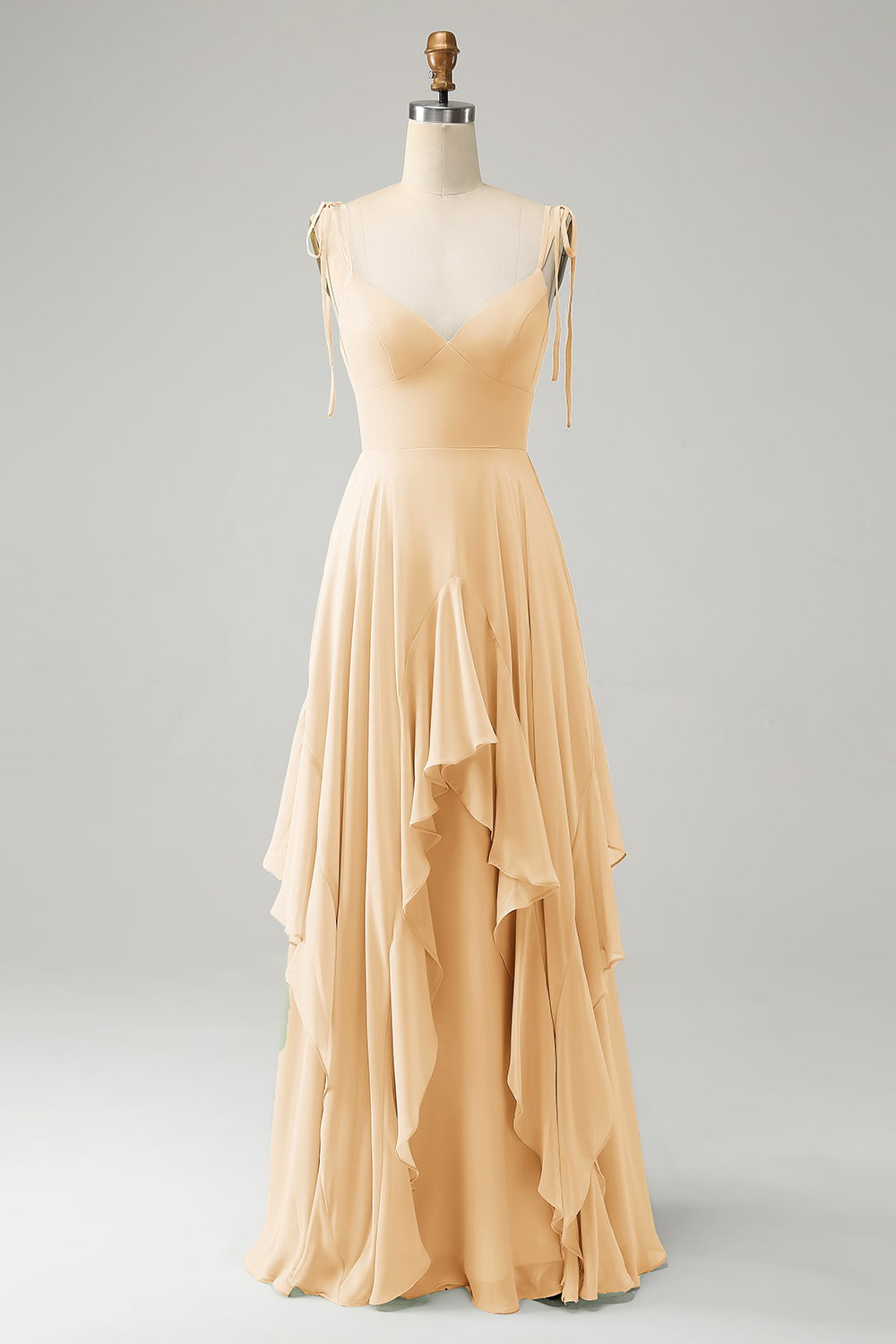 Matcha A-Line Spaghetti Straps Chiffon Bridesmaid Dress with Ruffles