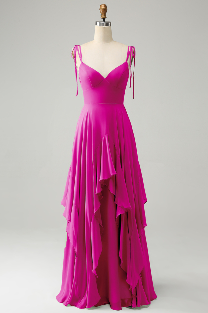Matcha A-Line Spaghetti Straps Chiffon Bridesmaid Dress with Ruffles