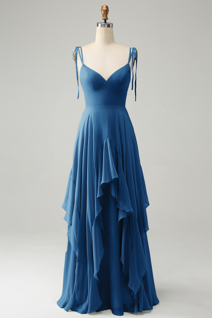 Matcha A-Line Spaghetti Straps Chiffon Bridesmaid Dress with Ruffles