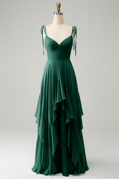 Matcha A-Line Spaghetti Straps Chiffon Bridesmaid Dress with Ruffles