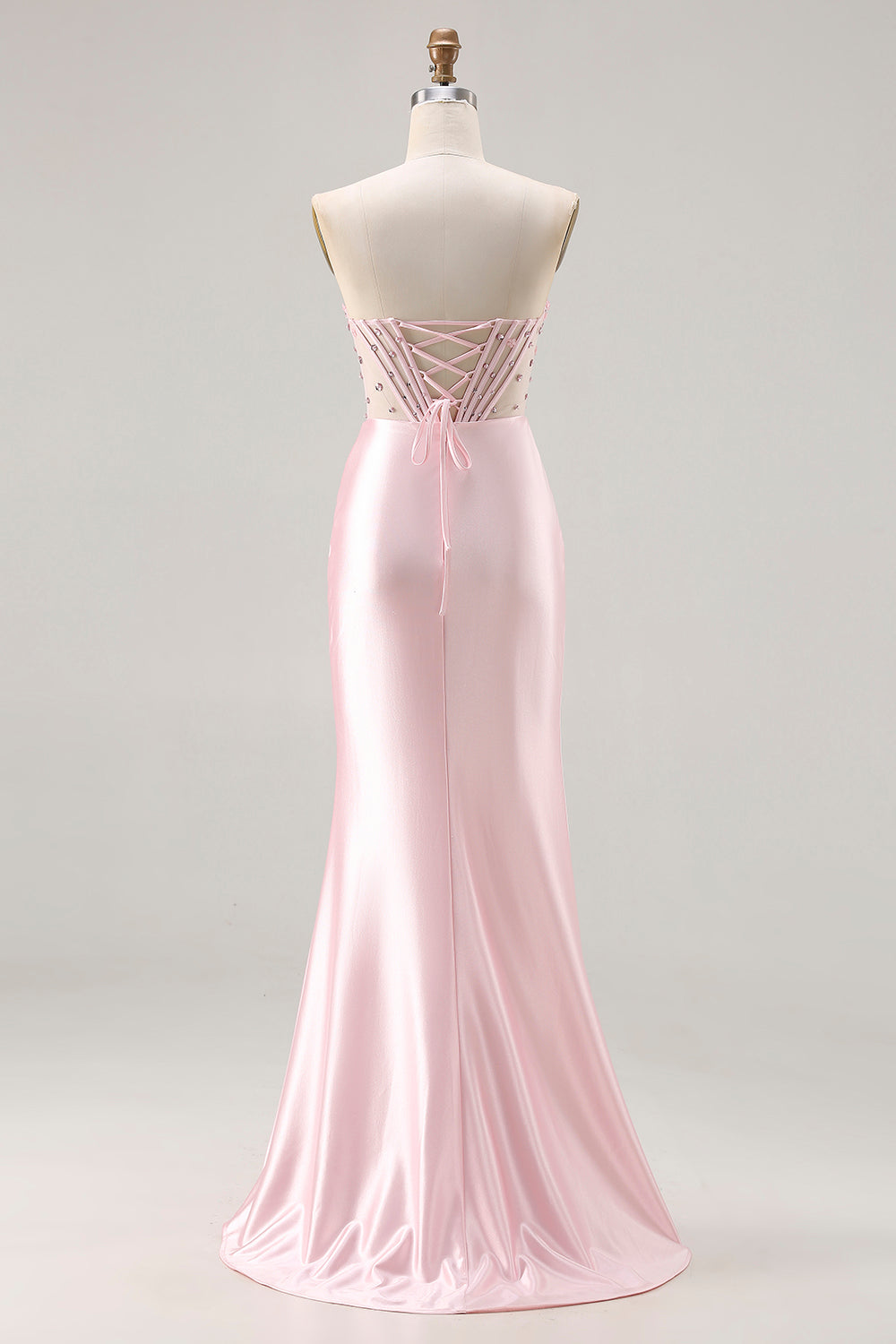 Sparkly Pink Satin Beaded Mermaid Long Corset Prom Dress with Slit