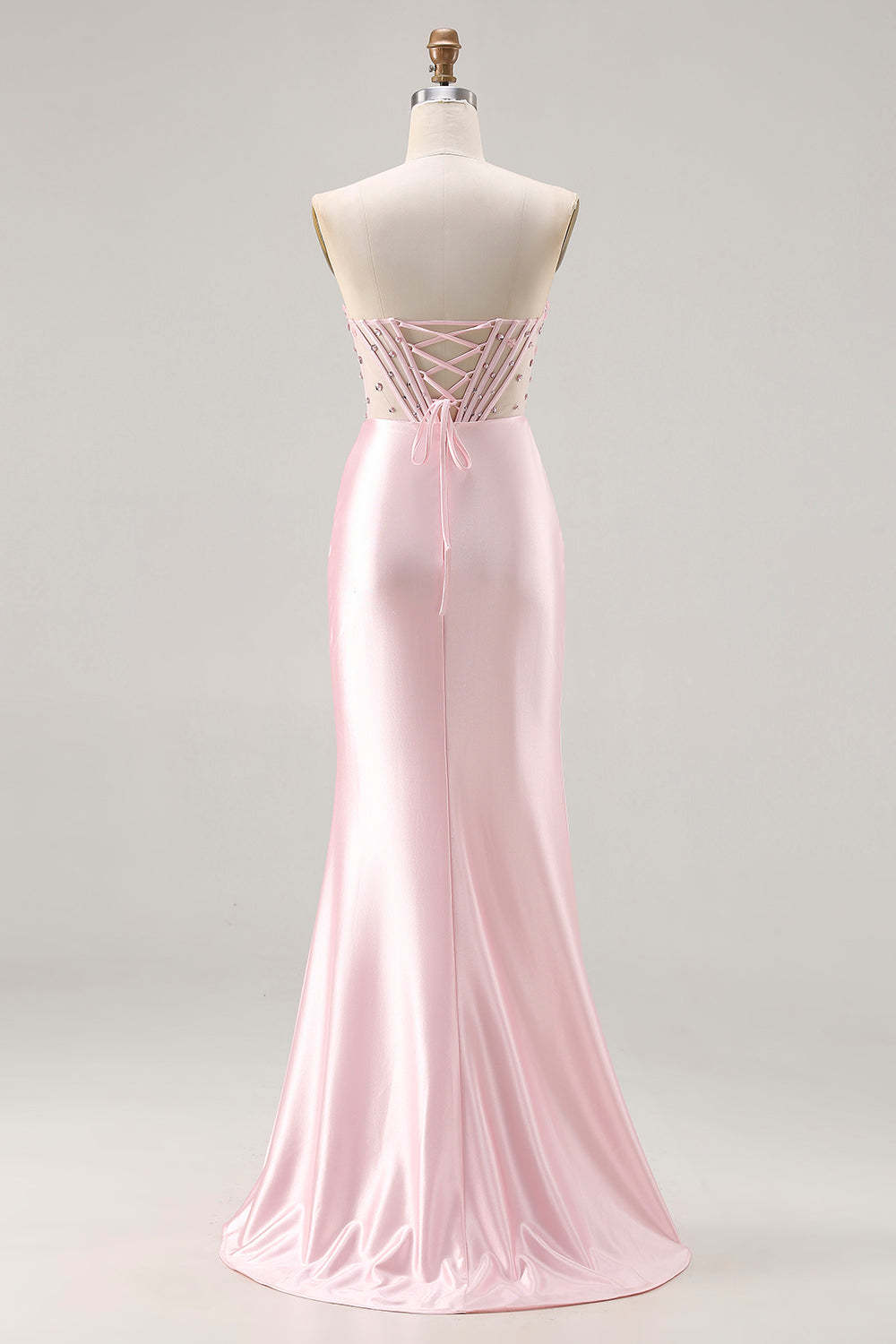 Sparkly Pink Satin Beaded Mermaid Long Corset Prom Dress with Slit