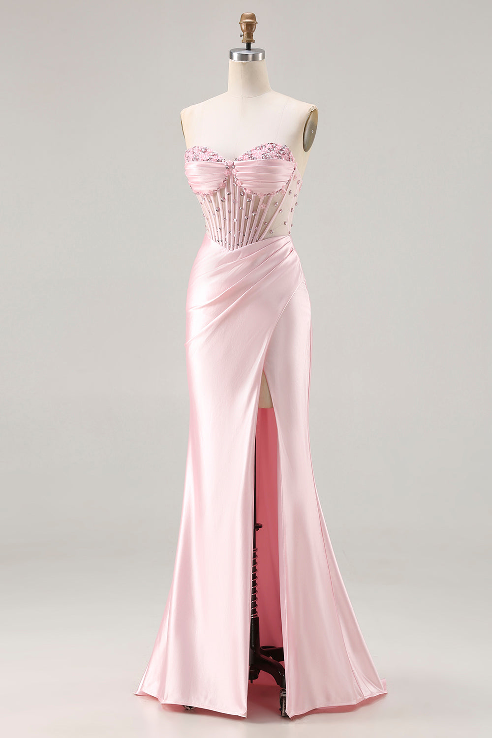 Sparkly Pink Satin Beaded Mermaid Long Corset Prom Dress with Slit