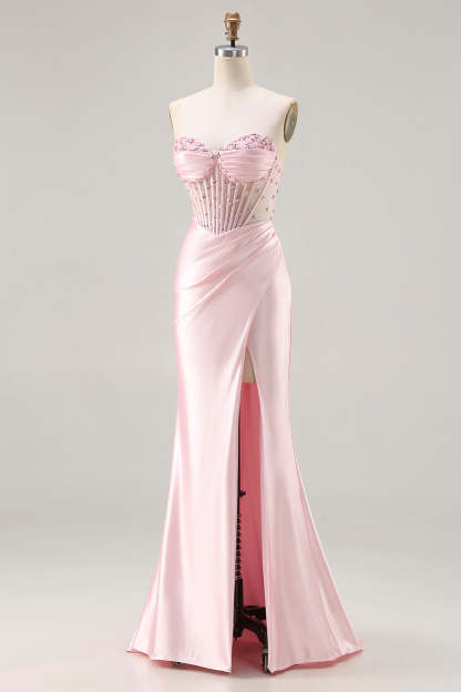 Sparkly Pink Satin Beaded Mermaid Long Corset Prom Dress with Slit
