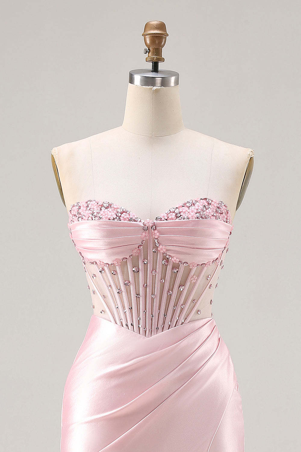 Sparkly Pink Satin Beaded Mermaid Long Corset Prom Dress with Slit