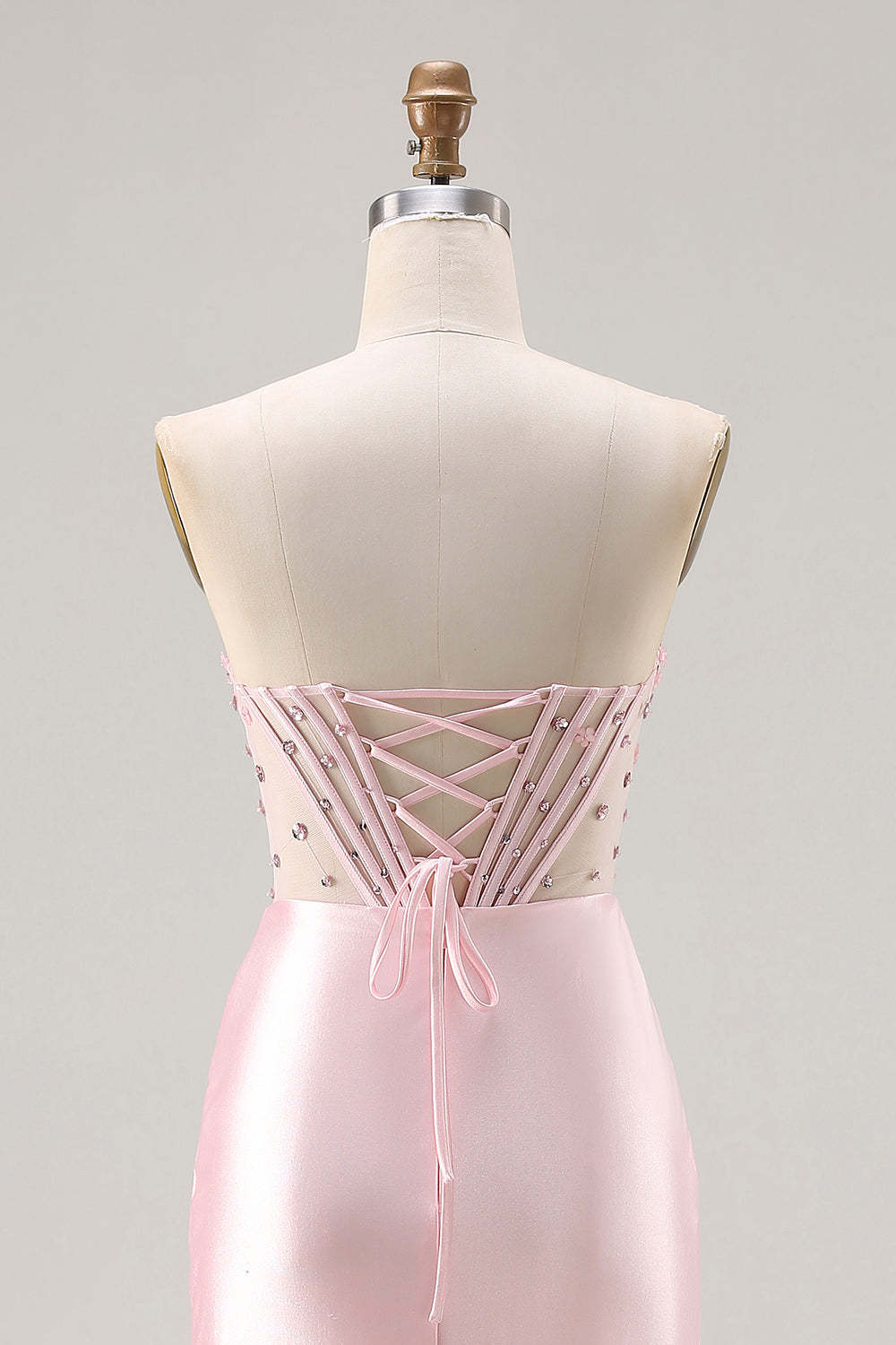 Sparkly Pink Satin Beaded Mermaid Long Corset Prom Dress with Slit