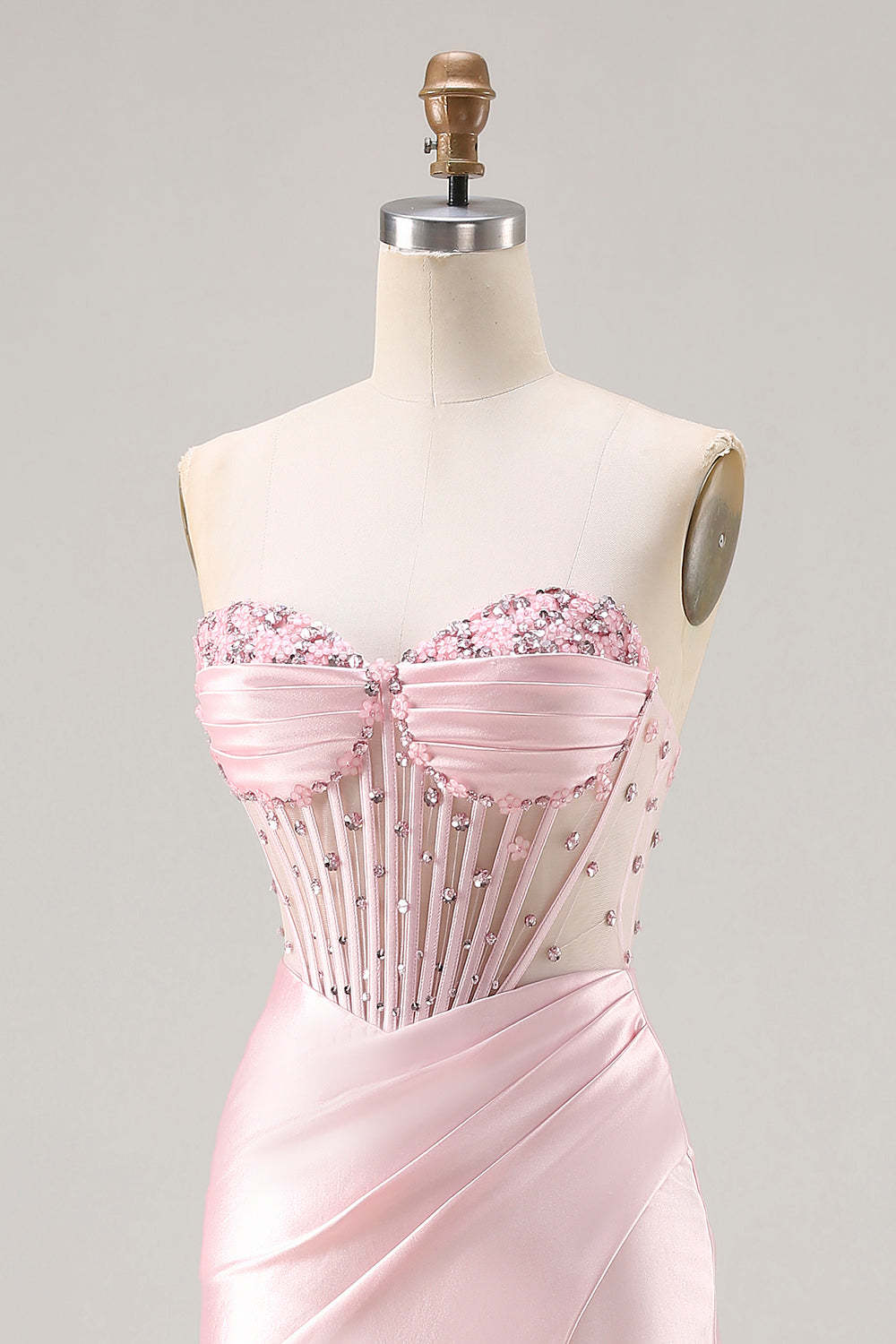 Sparkly Pink Satin Beaded Mermaid Long Corset Prom Dress with Slit