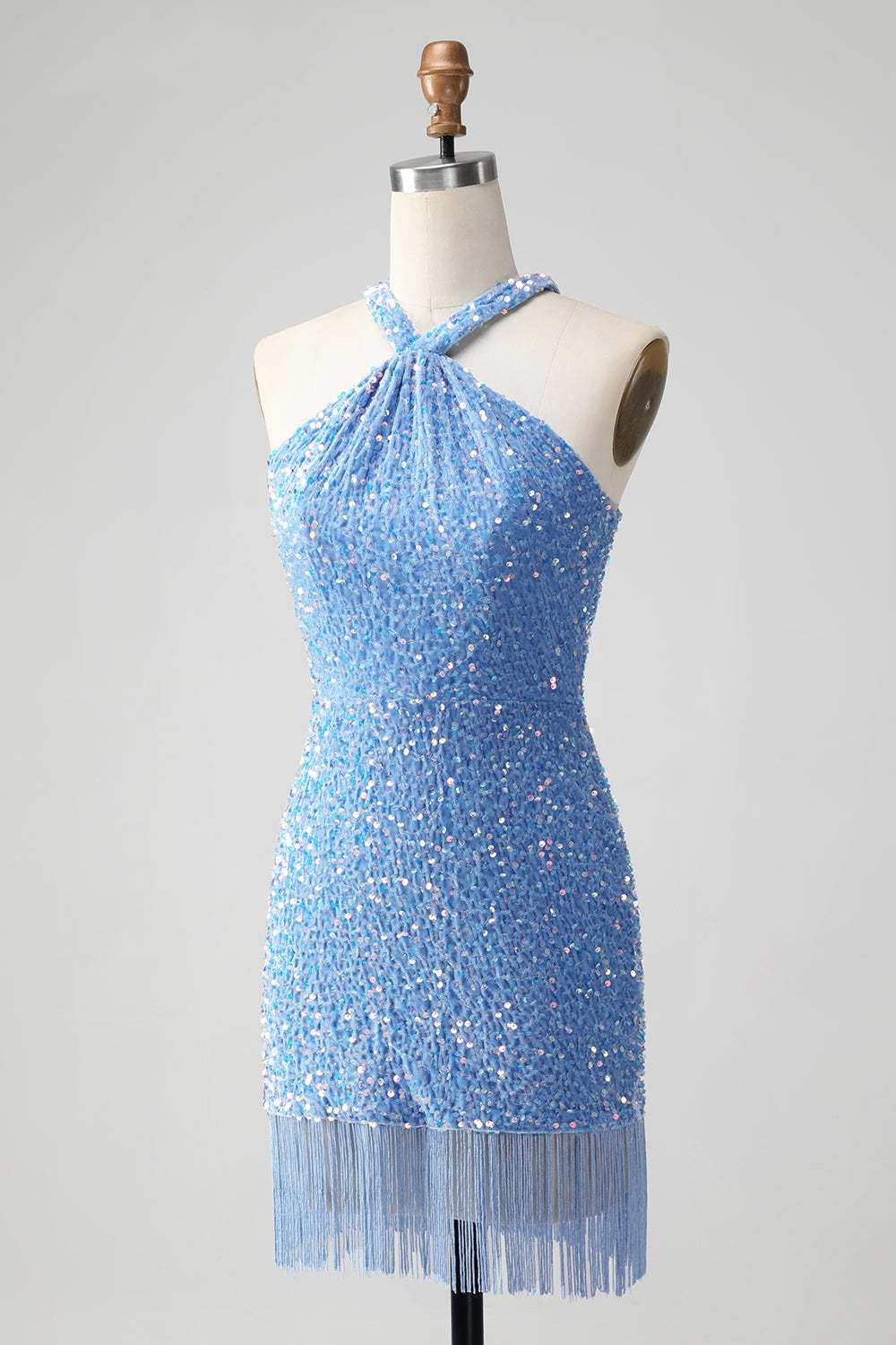 Sparkly Royal Blue Bodycon Halter Sequin Short Homecoming Dress with Tassel