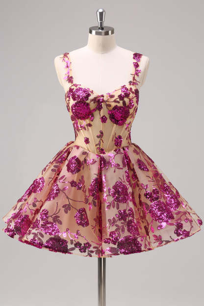 Leely Women Sparkly Fuchsia Short Homecoming Dress with Sequins A Line Corset Party Dress