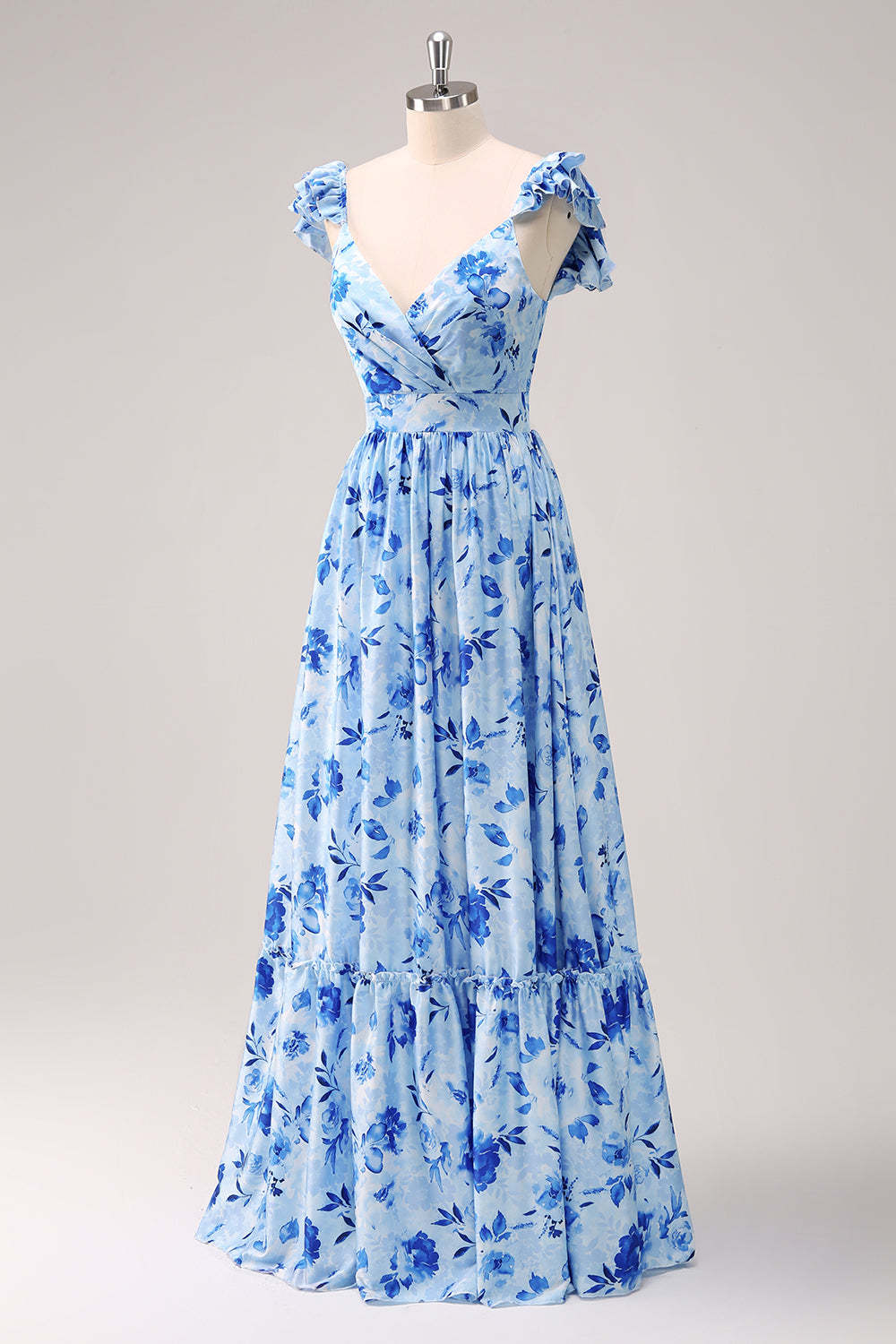 Blue Off the Shoulder A-Line Floral Bridesmaid Dress