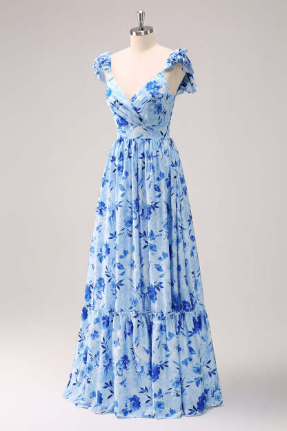 Blue Off the Shoulder A-Line Floral Bridesmaid Dress