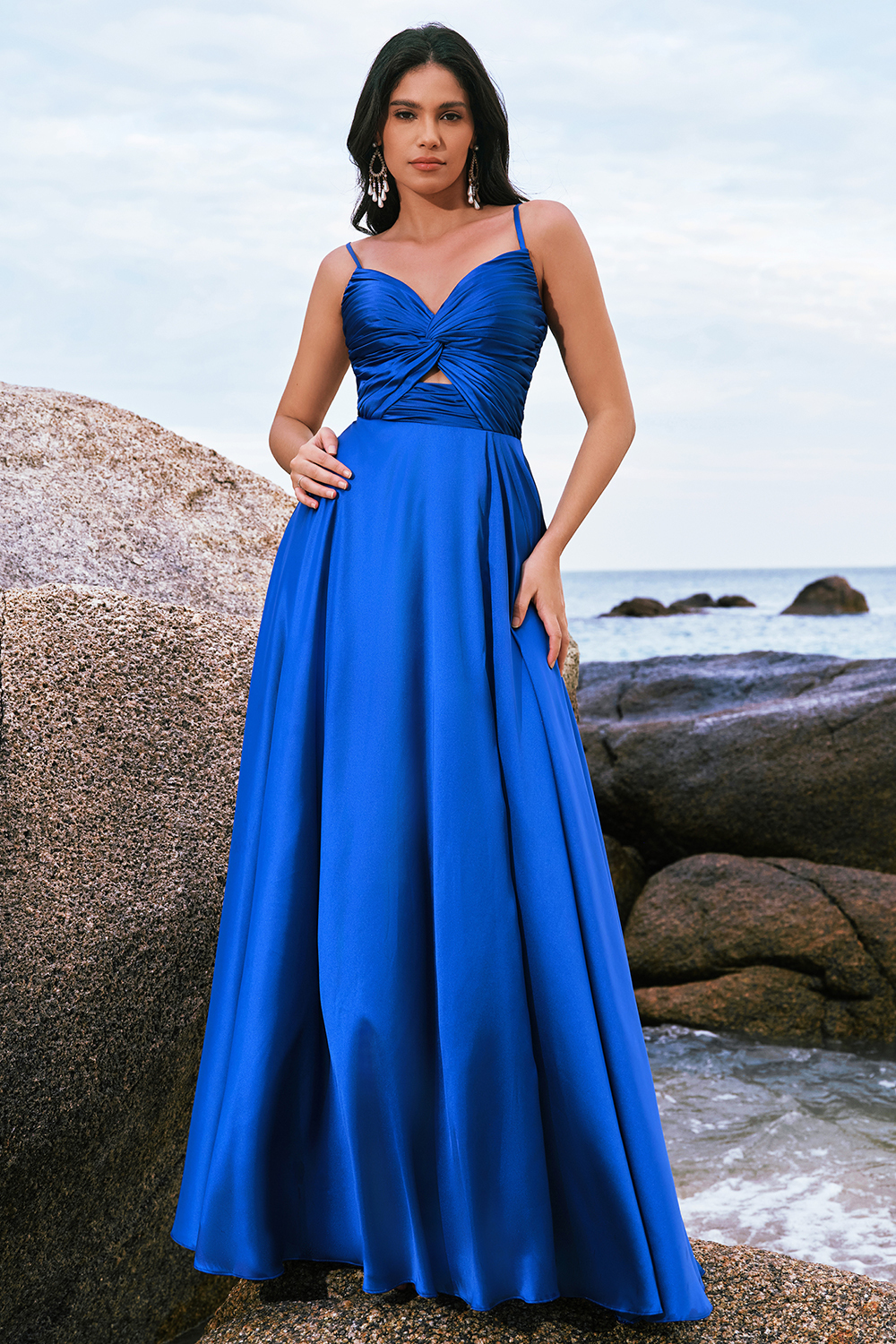Ink Blue Front Twist Satin A-Line Bridesmaid Dress with Slit
