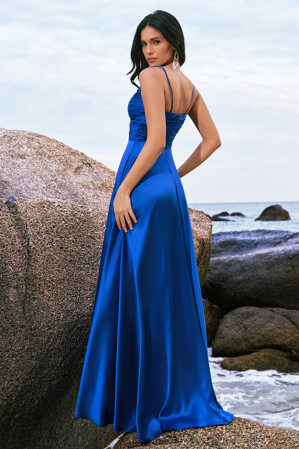 Ink Blue Front Twist Satin A-Line Bridesmaid Dress with Slit