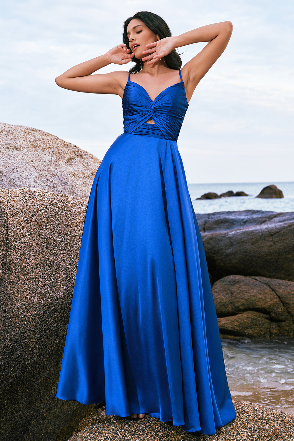 Ink Blue Satin Front Twist A-Line Pleated Bridesmaid Dress