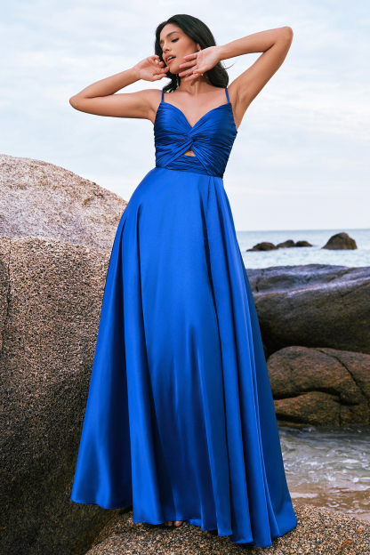 Ink Blue Satin Front Twist A-Line Pleated Bridesmaid Dress