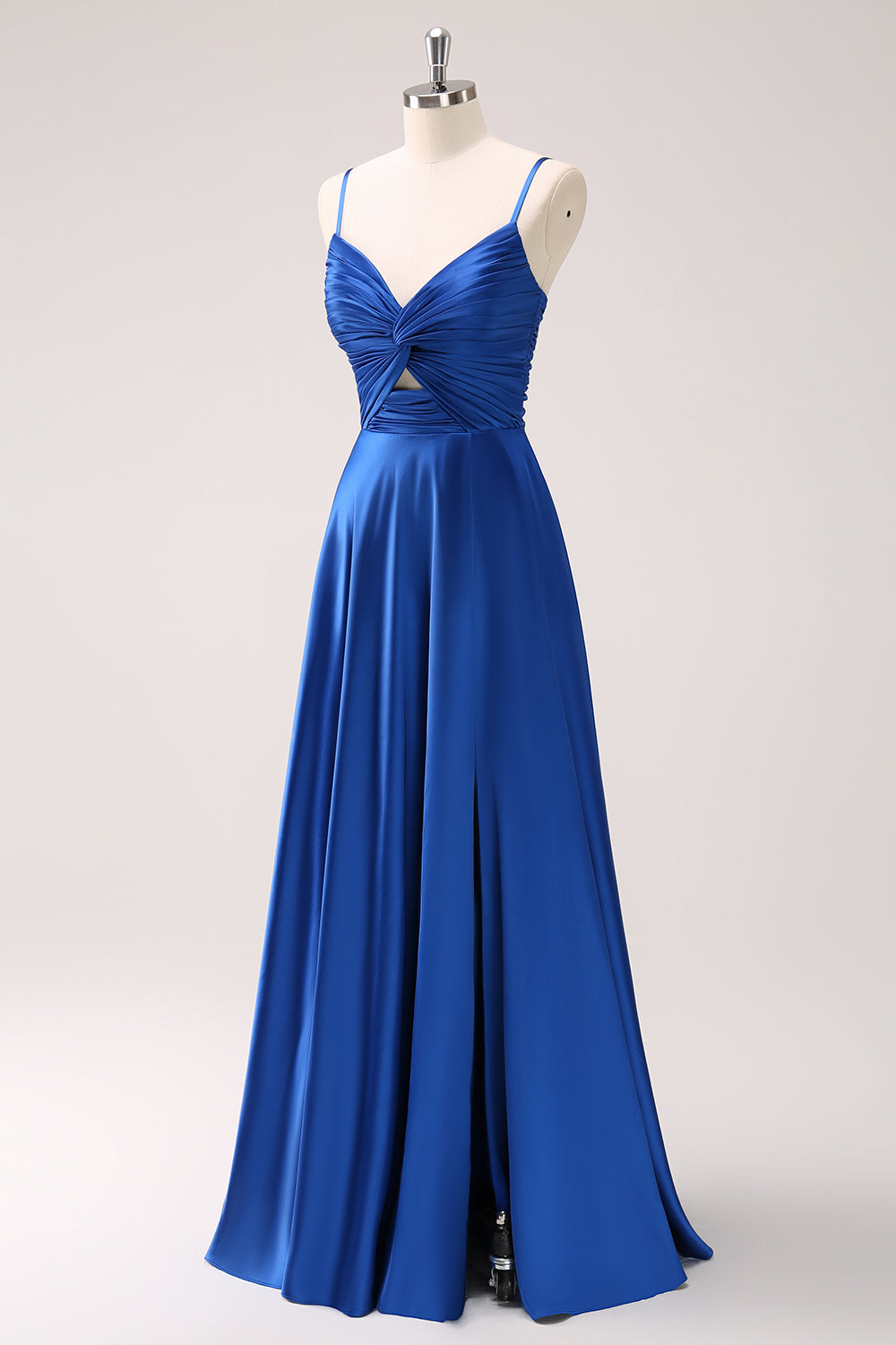 Ink Blue Front Twist Satin A-Line Bridesmaid Dress with Slit