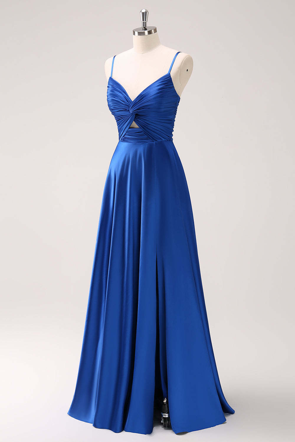 Ink Blue Front Twist Satin A-Line Bridesmaid Dress with Slit