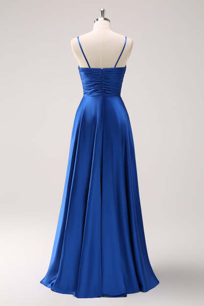 Ink Blue Front Twist Satin A-Line Bridesmaid Dress with Slit