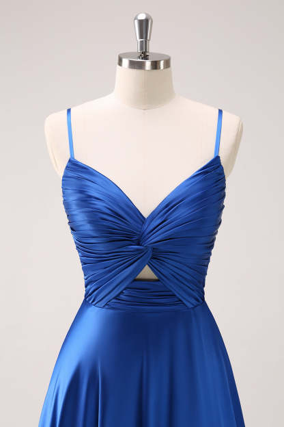 Ink Blue Front Twist Satin A-Line Bridesmaid Dress with Slit