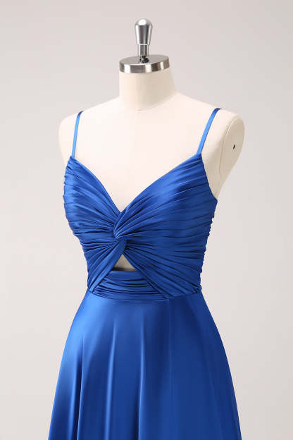 Ink Blue Front Twist Satin A-Line Bridesmaid Dress with Slit