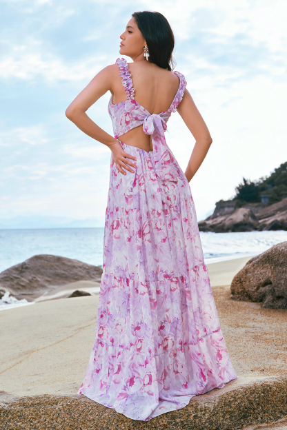 Grey Purple A-Line Floral Bridesmaid Dress with Lace Up Back