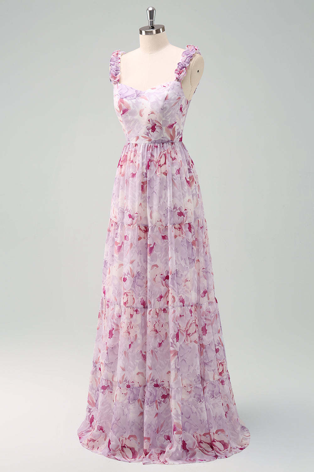 Grey Purple A-Line Floral Bridesmaid Dress with Lace Up Back