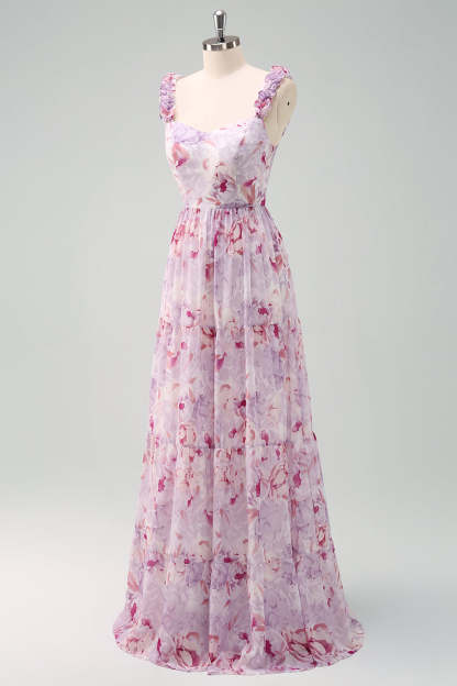 Grey Purple A-Line Floral Bridesmaid Dress with Lace Up Back