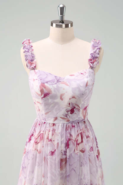 Grey Purple A-Line Floral Bridesmaid Dress with Lace Up Back