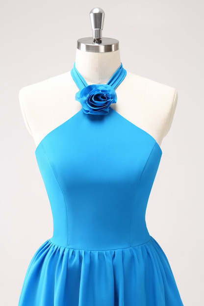 Blue Tiered Chiffon Bridesmaid Dress with Flower