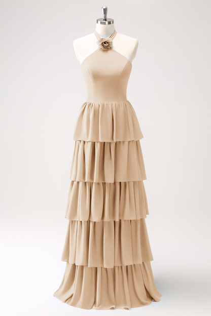 Blue Tiered Chiffon Bridesmaid Dress with Flower