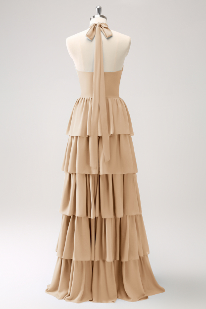 Blue Tiered Chiffon Bridesmaid Dress with Flower