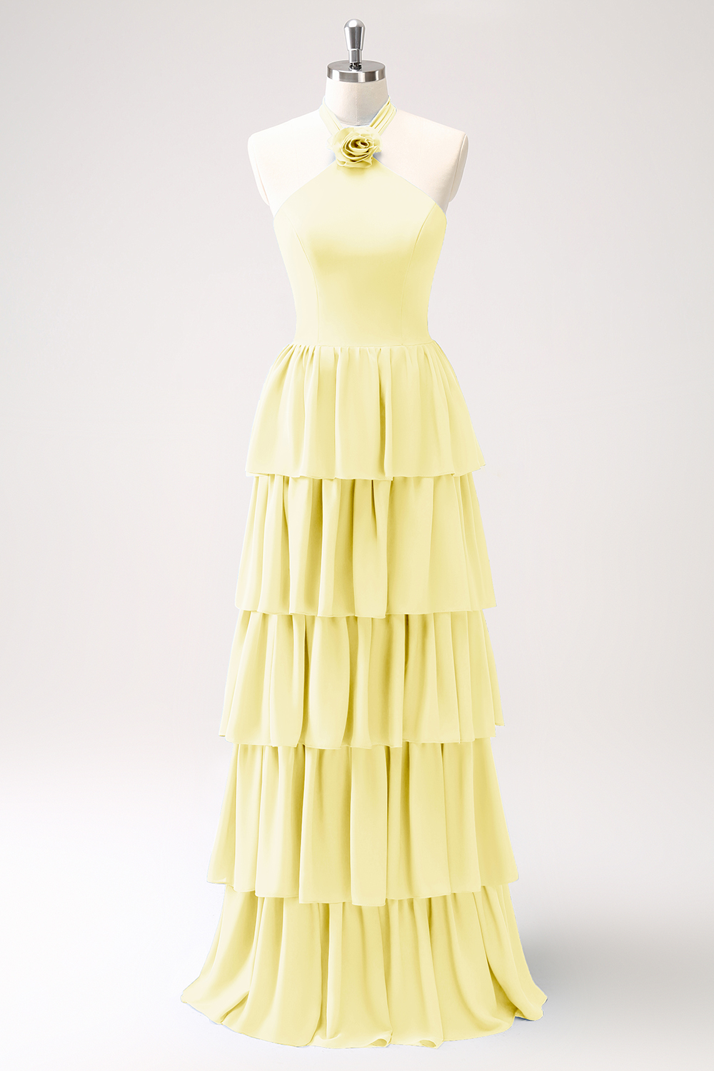 Blue Tiered Chiffon Bridesmaid Dress with Flower