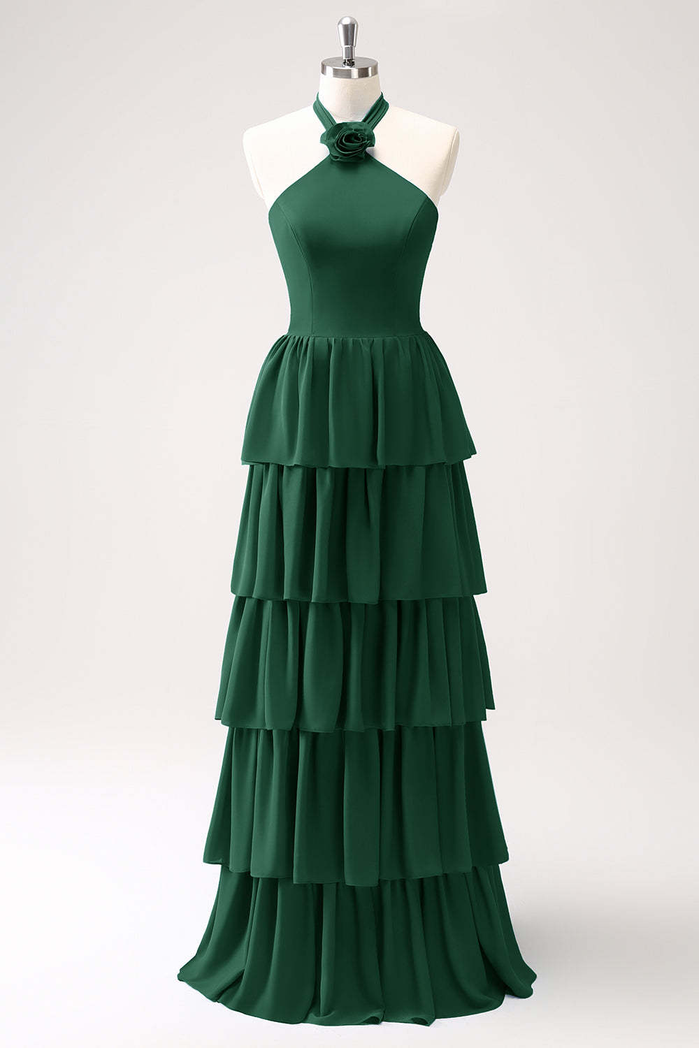 Blue Halter A-Line Tiered Flower Chiffon Bridesmaid Dress