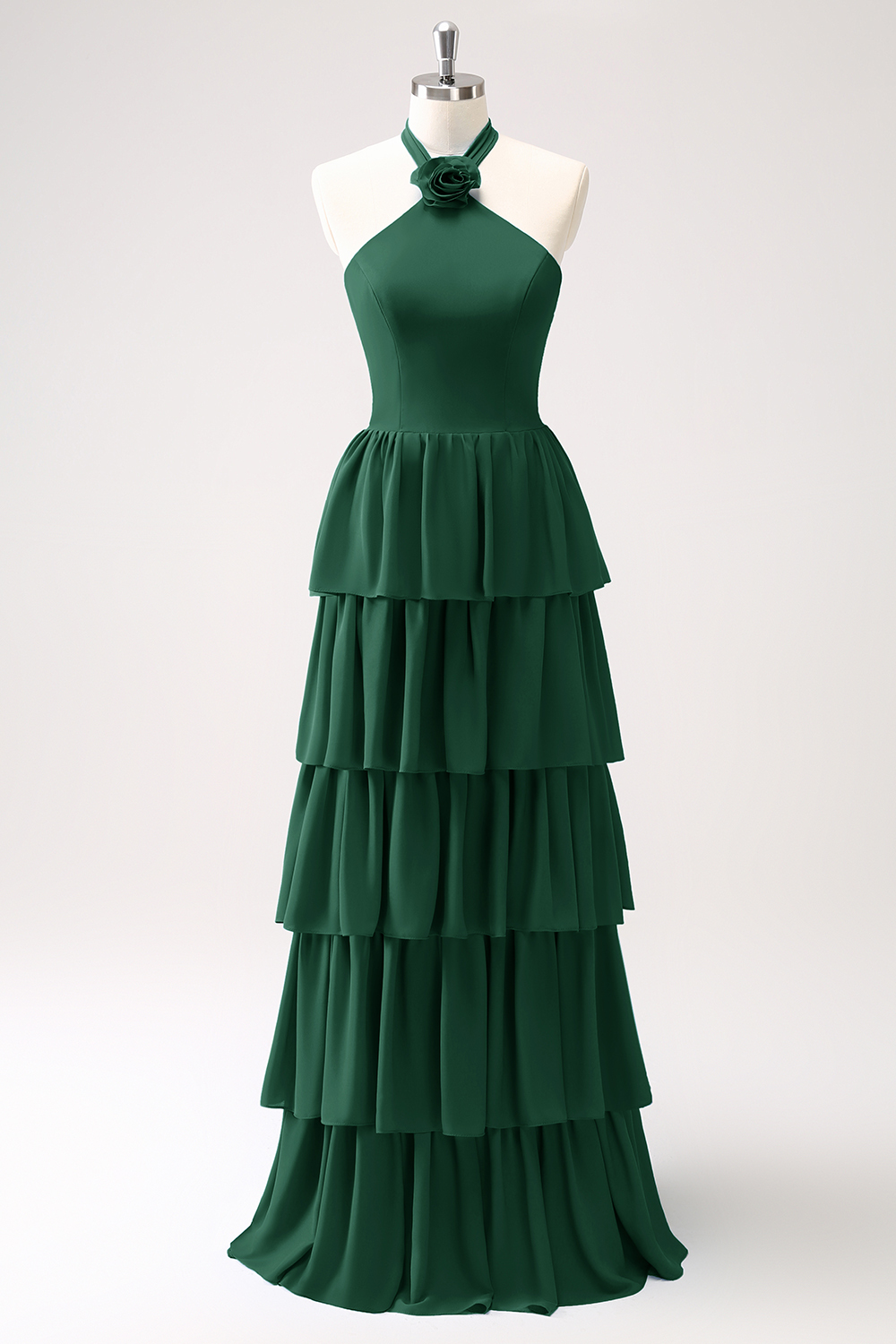 Blue Tiered Chiffon Bridesmaid Dress with Flower