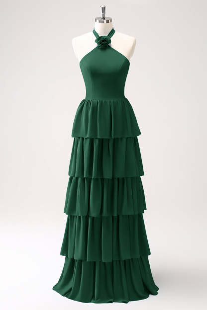 Blue Halter A-Line Tiered Flower Chiffon Bridesmaid Dress