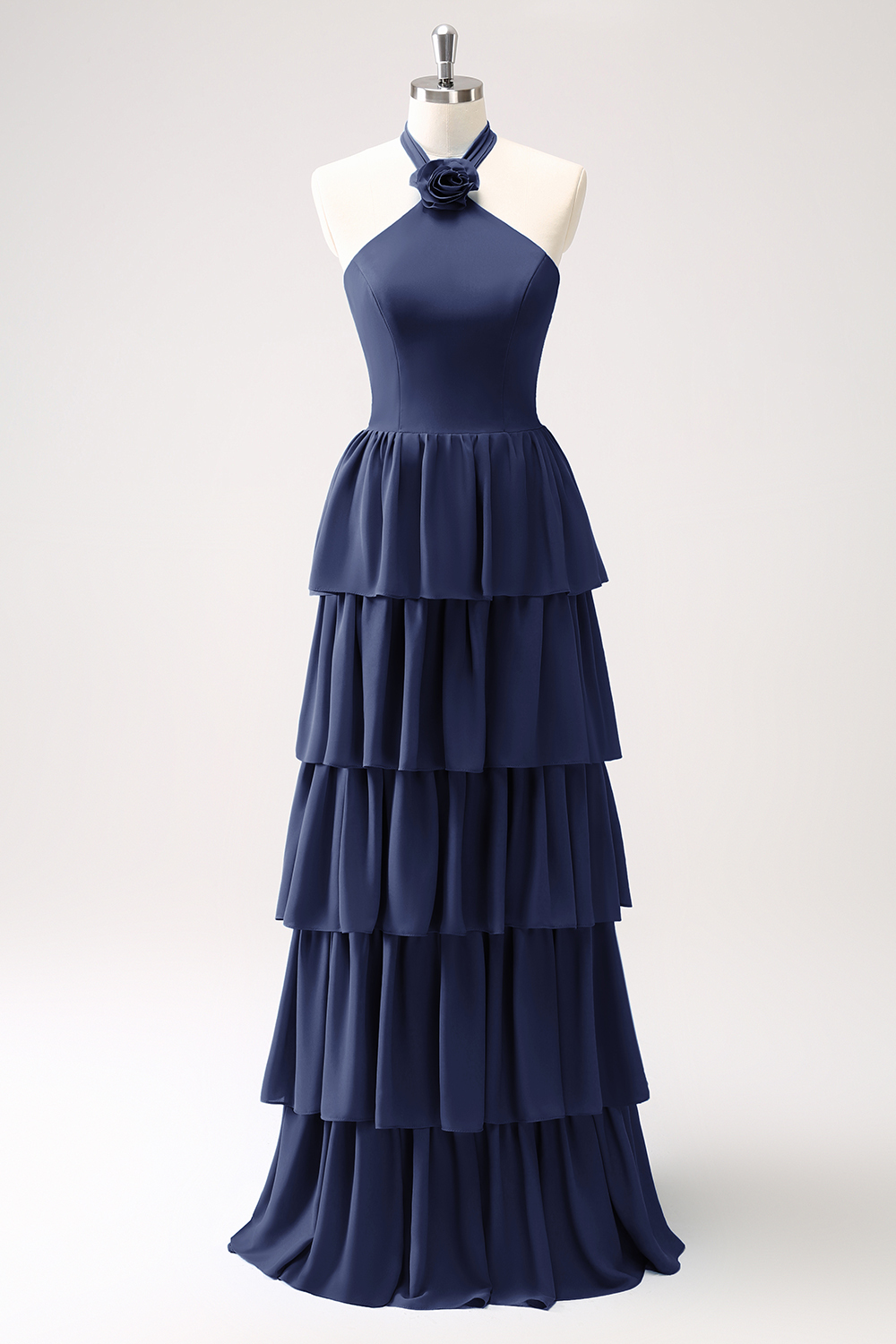 Blue Tiered Chiffon Bridesmaid Dress with Flower