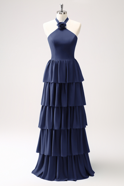 Blue Tiered Chiffon Bridesmaid Dress with Flower