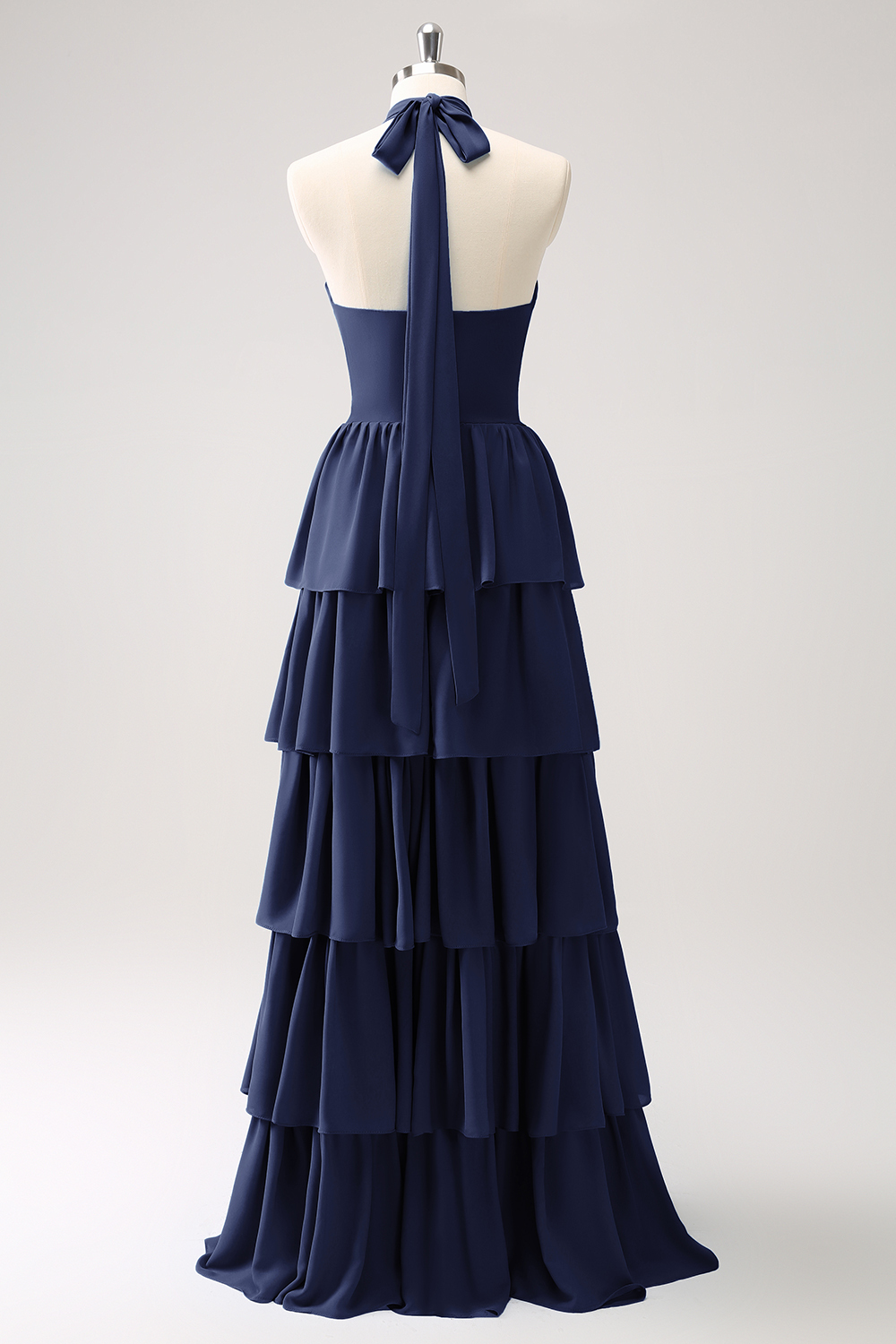 Blue Tiered Chiffon Bridesmaid Dress with Flower