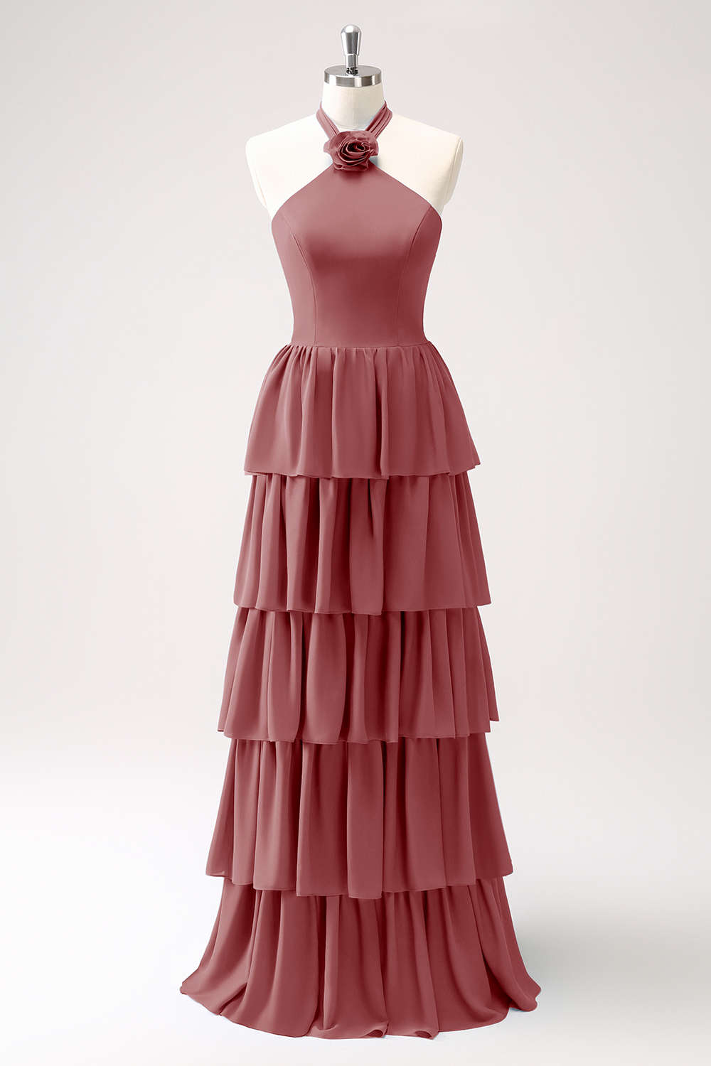 Blue Tiered Chiffon Bridesmaid Dress with Flower