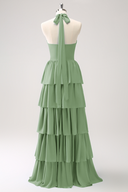 Blue Tiered Chiffon Bridesmaid Dress with Flower