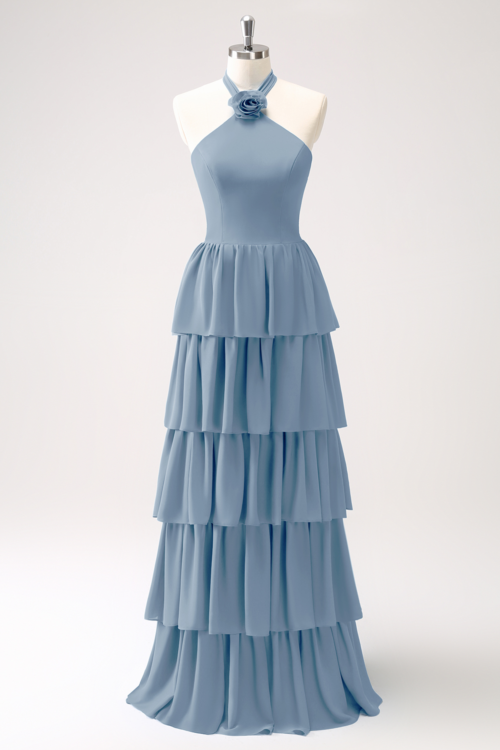 Blue Tiered Chiffon Bridesmaid Dress with Flower