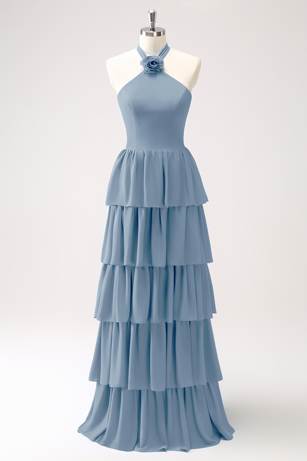 Blue Tiered Chiffon Bridesmaid Dress with Flower